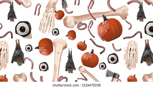 Halloween Element seamless pattern.  Endless background with pumpkins, worm, bones, bats, Eyeballs, axe, Vector illustration 