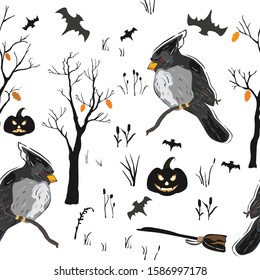 Halloween Element Seamless Pattern with Scary Bird. Vector Illustration