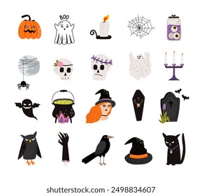 Halloween element set cobweb, skeleton, witchs cauldron funny pumpkin hat spider moon bat ghost authors work