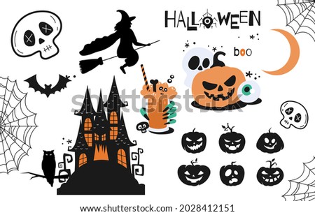 Halloween element set. Collection of scary mysterious stickers with witch, house with ghosts and pumpkin. Icons in form of dark silhouettes. Cartoon flat vector set isolated on a white background
