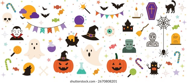 Halloween element set. Design for web banner, scrapbook, greeting card, invitation, poster, template, tag, stickers and party clipart. Vector illustration.