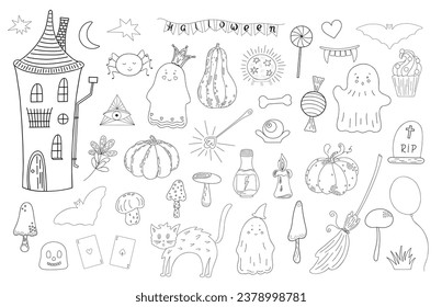 Halloween element set, doodle autumn holiday celebration decor, cute spooky simple creature vector illustration, trendy holiday symbols ghost, mushrooms, lollipop, all seeing eye, spider web, pumpkin