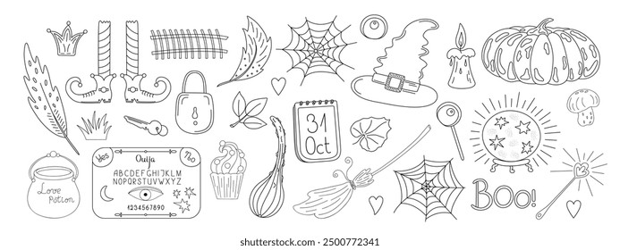 Halloween element set, doodle autumn holiday celebration decor, cute spooky simple illustration, trendy holiday symbols witch hat, stocking, feather, boo, mushroom, lollipop, ouija, cobweb, pumpkin