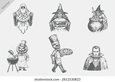 Halloween element set for Food and Restaurant industry in vintage engraving style vector on white background. Ghost Holding a Pizza, Witch Wearing a Hat and Holding a Giant Burger, Skeleton Chef Carry