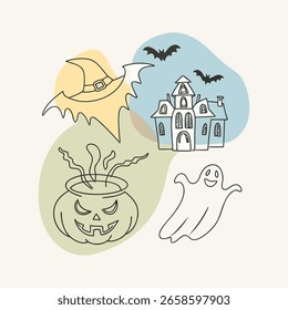 Conjunto de elementos de Halloween fantasma y casa