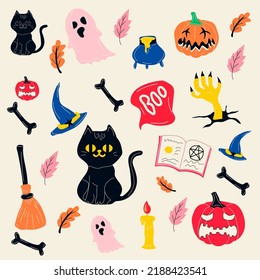 Halloween element set : ghost, pumpkin, cat, hat, book of spells, broom. Perfect for scrapbooking, greeting card, party invitation, poster, tag, sticker kit. Hand drawn vector illustration isolated on