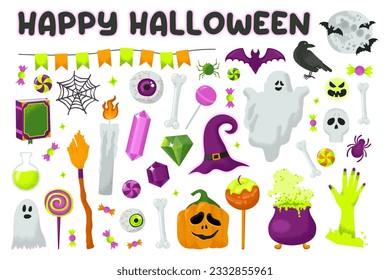 Halloween element set. Greeting card, party invitation, poster, or sticker kit. Halloween celebrating. Scary night traditional objects, carnival decorations. Flat vector illustration