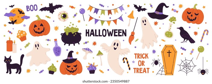 Conjunto de elementos de Halloween: sombrero, fantasma, murciélago, caramelos, calabazas divertidas, gato. Perfecto para la reserva de recortes, tarjeta de saludo, invitación a fiesta, cartel, etiqueta, emoticones. Ilustración vectorial dibujada a mano.