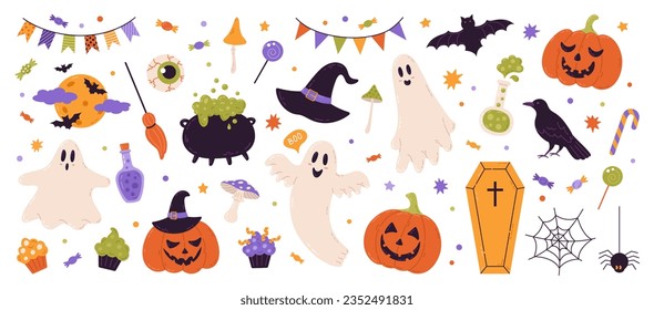 Halloween element set: hat, ghost, bat, candy, funny pumpkins, spiders. Perfect for scrapbooking, greeting card, party invitation, poster, tag, stickers. Hand drawn vector illustration.