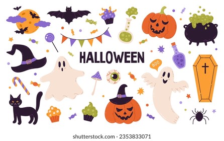 Conjunto de elementos de Halloween: sombrero, fantasma, murciélago, caramelos, calabazas divertidas, gato. Perfecto para la reserva de recortes, tarjeta de saludo, invitación a fiesta, cartel, etiqueta, emoticones. Ilustración vectorial dibujada a mano.