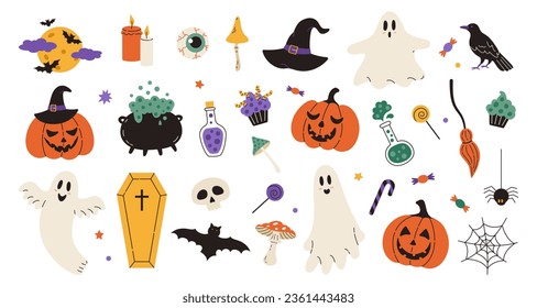 Conjunto de elementos de Halloween: sombrero, fantasma, murciélago, caramelos, calabazas divertidas, araña. Perfecto para la reserva de recortes, tarjeta de saludo, invitación a fiesta, cartel, etiqueta, emoticones. Ilustración vectorial dibujada a mano.