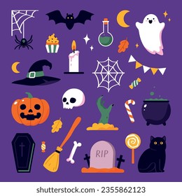 Halloween element set isolated on dark background. Flat vector illustration