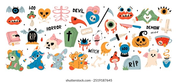 Halloween element set. Perfect for scrapbooking, greeting card, party invitation, poster, stickers. Hand drawn vector illustration. A set of scary items for celebrating Halloween. Vector graphics.