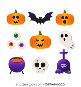 Halloween element set. Pumpkin, ghost, bat. Vector illustration in cut paper style