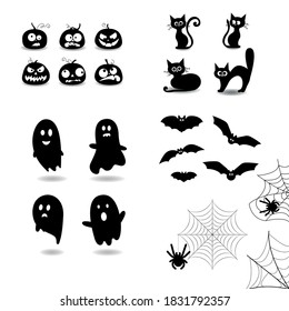 Halloween element set, pumpkin set, pumpkin silhouette, black cat for halloween set, cat silhouette, ghost silhouette set, bat silhouette, spider web and spider
