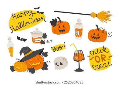 Halloween Element Set, Pumpkins, Lanterns, Potion, Broomstick, and Ghost