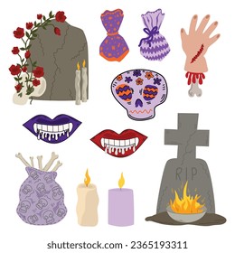 Halloween Element Set. Vector illustration. Gravestone, skull with flowers, candles, bag of bones, monument with cross, scary smile, zombie hand, altar. Halloween celebration.
