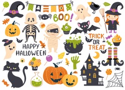 Halloween Element Set: Witch, Ghost, Spooky Castle, Mummy, Skeleton, Funny Pumpkins. Perfect For Scrapbooking, Greeting Card, Party Invitation, Poster, Tag, Sticker Kit. Hand Drawn Vector Illustration