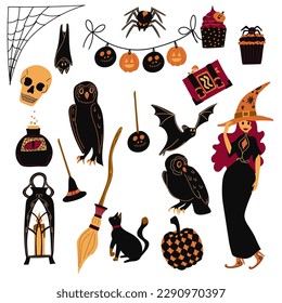 Halloween element set witch, ghost, spooky castle, mummy, skeleton, funny pumpkins. Perfect for scrapbooking, greeting card, party invitation, poster, tag, sticker kit. Hand drawn vector illustration.