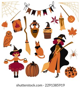 Halloween element set witch, ghost, spooky castle, mummy, skeleton, funny pumpkins. Perfect for scrapbooking, greeting card, party invitation, poster, tag, sticker kit. Hand drawn vector illustration.