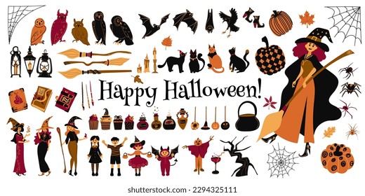 Halloween element set witch, ghost, spooky castle, mummy, skeleton, funny pumpkins. Perfect for scrapbooking, greeting card, party invitation, poster, tag, sticker kit. Hand drawn vector illustration.