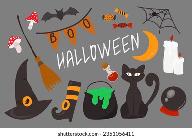 Halloween element set: witch, ghost, spooky castle, mummy, skeleton, funny pumpkins. Perfect for scrapbooking, greeting card, party invitation, poster, tag, sticker kit. Hand drawn vector illustration