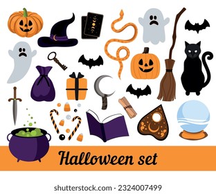 Halloween element set: witch hat, ghost, spooky pumpkin, candy, cat,  dagger, cards, cauldron, gift, bat, snake, magic layer. Perfect for scrapbooking, greeting card, party invitation, poster.