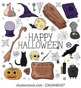 Elemento de Halloween ambientado con bruja, calabazas, escoba, luna y libro de hechizos. Perfecto para la reserva de recortes, tarjeta de saludo, invitación a fiesta, cartel, etiqueta, kit de emoticones. Ilustración vectorial dibujada por mano