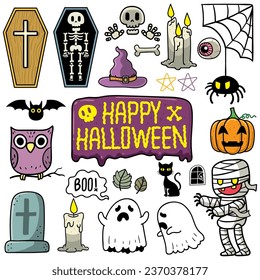 Halloween element set:witch, ghost, spooky , boo, mummy, skeleton, pumpkin, spider. Perfect for scrapbooking, greeting card, party invitation, poster, tag, sticker kit. Hand drawn vector illustration