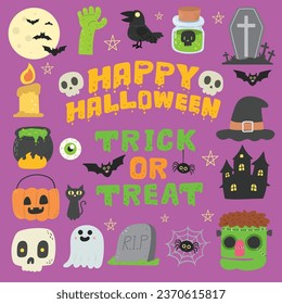 Halloween element set:witch, ghost, spooky , boo, house, skull, pumpkin, spider. Perfect for scrapbooking, greeting card, party invitation, poster, tag, sticker kit. Hand drawn vector illustration