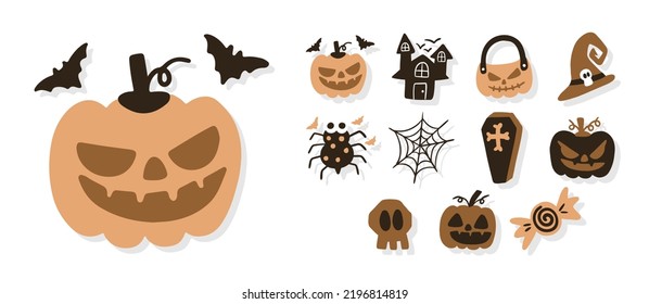 Halloween element vector collection set. Bone, ghost, pumpkin, bat, spider web, witcher vector graphic