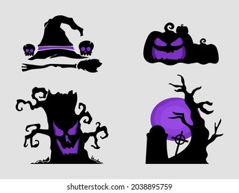 Halloween element vector illustration. Spooky tree, pumpkin, wizard hat, broom. Simple creative design. Used as background, template, media, symbol, sign, logo, icon. Trick or treat holiday event.