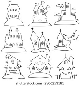 Conjunto de vectores de elementos de Halloween, estilo de dibujos animados simples de elementos de Halloween. Estilo de caricatura simple de la casa fantasma