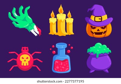 Halloween element vector set with wounded hand, candles, pumpkin lantern, spider and witch symbol. Design element for traditional and cultural holiday concept.