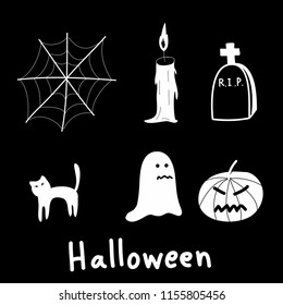 Halloween Element Web Candle Grave Cat Ghost Pumpkin on Black Background