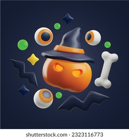 Halloween elements in 3d style, evil pumpkin, eyeballs and bats on black background, vector illustration. Halloween holiday themed objects in realistic cartoon 3d style. Spooky party decor.