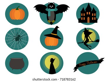 Halloween elements- bat, pumpkin, witch and spider on white background
