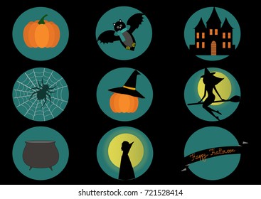Halloween elements- bat, pumpkin, witch and spider on black background