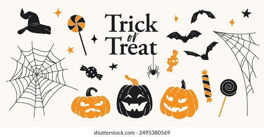 Halloween elements in black and orange colors.  Vector collection with pumpkins, spider webs, bats, candies, and witch hat
