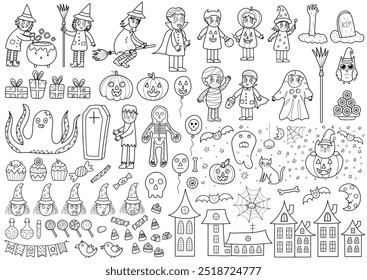 Conjunto de Elementos de Halloween en blanco y negro. Gran colección con brujas, niños disfrazados, vampiros, zombis, etc. Paquete de Clipart de Halloween en el contorno. Ilustración vectorial