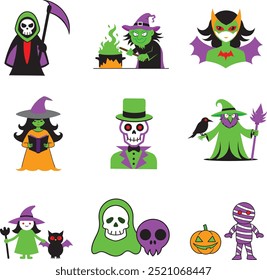 Halloween elements bundle and Halloween Scary character illustration isolated on white 
