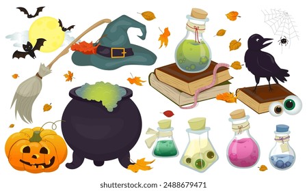 Elementos de Halloween. Elementos de dibujos animados para decoración, calabaza y murciélago, caldero, cuervo, libros y vasos con pociones, sombrero. El símbolo principal de la fiesta de Halloween. Colección para decoración de vacaciones