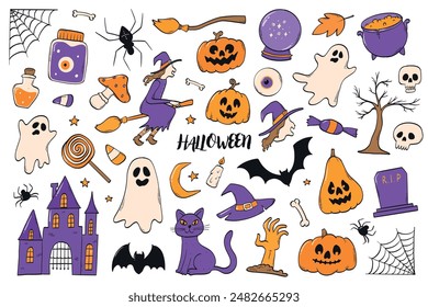 Halloween elements, cartoon doodles for stickers, prints, cards and posters decor, banners, social media, digital paper, stationary, planners, etc. EPS 10