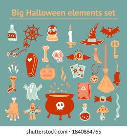 Halloween Elements Cartoon set of hand drawing magic elements. Witch hat, bat, skull, candle, pumpkin, magic ball, playing cards, ghost, snake, mushroom, poison,, knife, spider, eye, bone, spellbook