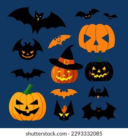Halloween elements collection. Bats and pumpkins. Vector illustration. 