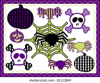 Halloween Elements - Collection of Halloween design elements including pumpkins, skull and cross bones, spider and spider web patterned in striped, dots and gingham
