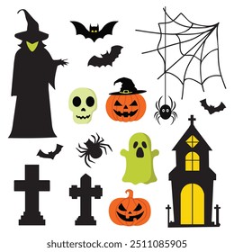 Colección de Elementos de Halloween con casa embrujada, cráneo, murciélagos, árbol, calabazas, luna, lápida, bruja, fantasma y Web de araña.Ilustración vectorial