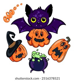 Colección de Elementos de Halloween aislados sobre fondo blanco para la impresión de pegatinas y decoración de diseño diferente Lindo murciélago de miedo con calabaza, caldero y calabaza espeluznante con expresión facial. Vector