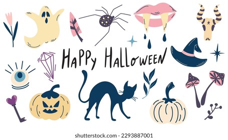 Halloween elements collection. Pumpkins, skulls, cat, spider, snake, ghost. Ideal for postcards, prints, prints, invitations and stickers. Cartoon hand draw vector illustration. 