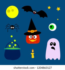 Halloween elements collection. Set of 9 elements: pumpkin with witch hat, bat, moon, eye, spider, stars, candle, boiling cauldron with bubbles, ghost. Clip art, flat vector icon. Kids stickers design